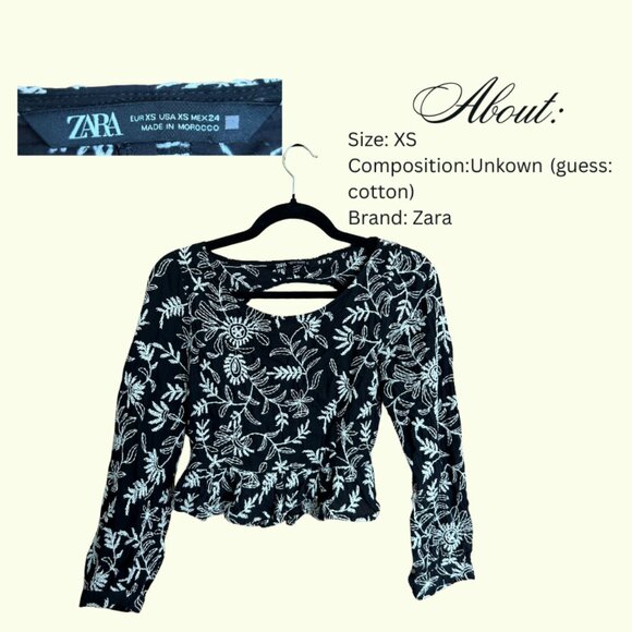 Zara Black Embroidered Peplum Blouse | Long Sleeve Floral Cutout Top XS - Picture 1 of 3